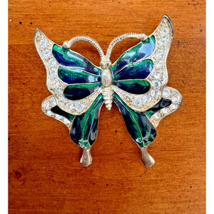 Vtg Inlaid Enamel Large Butterfly Brooch Blue Green Pin Rhinestones Pot Metal